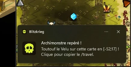 Une notification Windows de Blitzkrieg annonçant un archimonstre repéré sur la carte actuelle, avec son nom, ses coordonnées et une ligne indiquant qu'un clic copie la commande /travel.