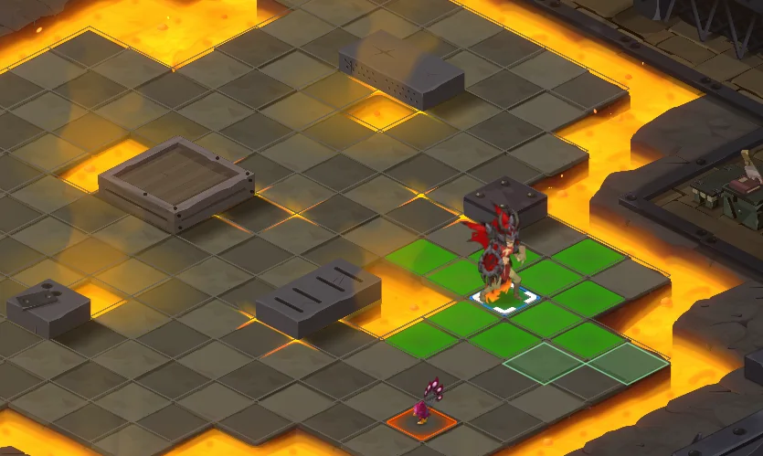 Grille de combat avec le challenge Conquérant dessiné par Blitzkrieg : les cellules autour du boss sont remplies en vert, le boss est détouré en blanc et un allié se tient sur une cellule entourée d'orange.