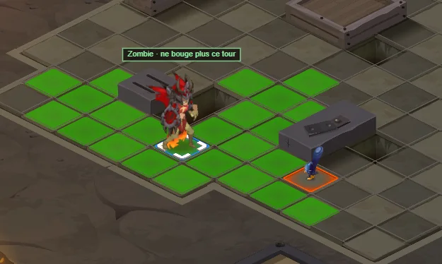 Étiquette au-dessus d'un boss en combat indiquant Zombie, ne bouge plus ce tour, avec les cellules qui valident le challenge remplies en vert autour de lui.