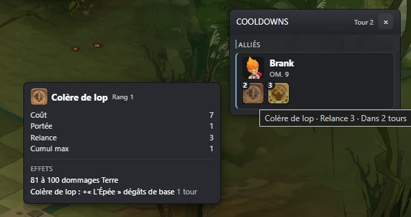 Panneau des cooldowns de Blitzkrieg par-dessus le jeu, intitulé COOLDOWNS et Tour 2, listant l'allié Brank avec deux sorts en relance et une infobulle indiquant Colère de Iop, Relance 3, Dans 2 tours.
