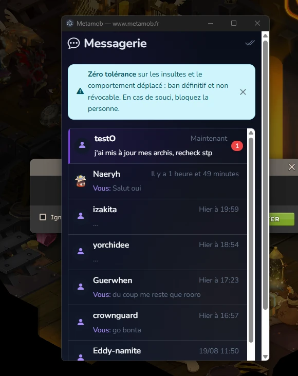 La messagerie Metamob ouverte dans la fenêtre de Blitzkrieg, avec la liste des conversations avec d'autres collectionneurs et un message non lu.